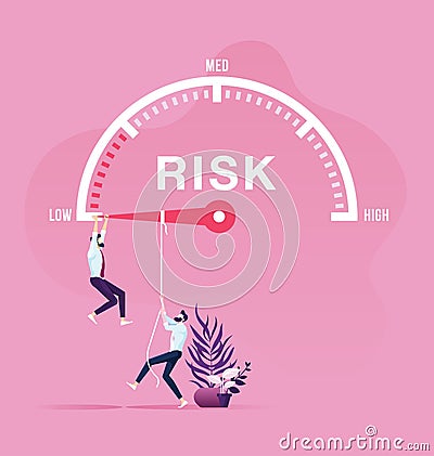 Businessman hanging on needle speed gauge low risk management concept Vector Illustration