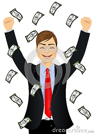 Businessman happy seeing raining money bills Vector Illustration