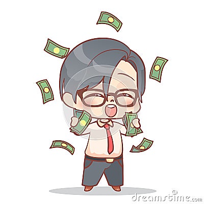 A businessman is happy to have lots of money cash rain Cute boy earning money, kids savings and finance cartoon manga kawai Stock Photo