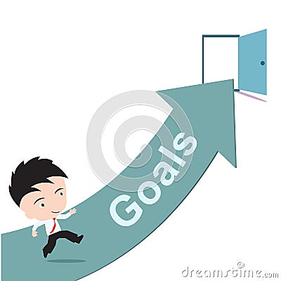 Businessman happy to running on green arrow and open door with word Goals, road to success concept, presented in form Vector Illustration