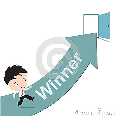 Businessman happy to running on green arrow and open door with word Winner, road to success concept, presented in form Vector Illustration