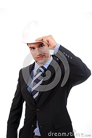 Businessman in hard hat Stock Photo