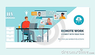 Businessman having a conference call with his remote team Vector Illustration