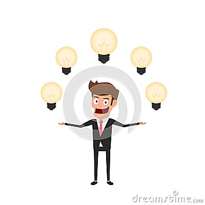 Businessman having a lot of idea. Light bulbs around man`s head concept of creative to success Vector Illustration