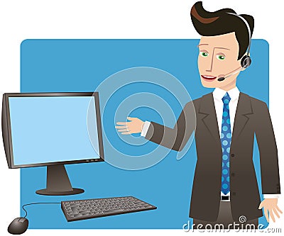 Businessman with headset and computer Vector Illustration