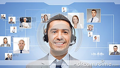 Businessman in headset over contacts icons Stock Photo