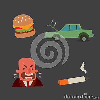 Businessman heart risk man heart attack stress infarct vector illustration smoking drinking alcohol harmful depression Vector Illustration