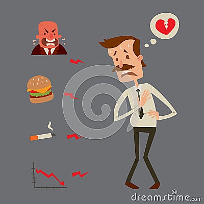 Businessman heart risk man heart attack stress infarct vector illustration smoking drinking alcohol harmful depression Vector Illustration