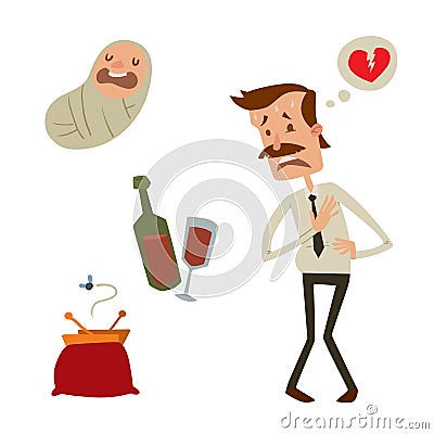 Businessman heart risk man heart attack stress infarct vector illustration smoking drinking alcohol harmful depression Vector Illustration