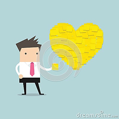 Businessman with Heart shape yellow sticky notes. vector Vector Illustration