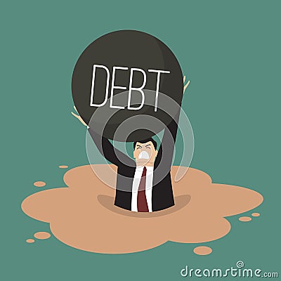 Businessman with heavy debt sinking in a quicksand Vector Illustration