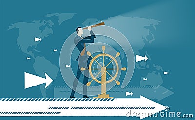 Businessman with helm and telescope, commander, control, advisory and management Business concep Vector Illustration