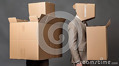 Businessman hidden inside boxes, man hide her face inside cardboard Stock Photo