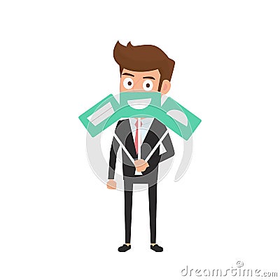 Businessman hiding real emotion behind smile face icons. Man chooses an emotional faces. Vector Illustration