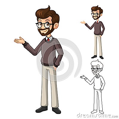 Businessman Hipster Geek with Welcoming Arms Pose Cartoon Character Vector Illustration