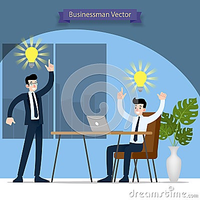 Businessman and his boss discussing and find solution and work successful in the office with symbolic bulb above their head. Vector Illustration