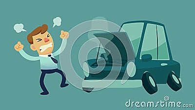 Businessman and his broken car Vector Illustration