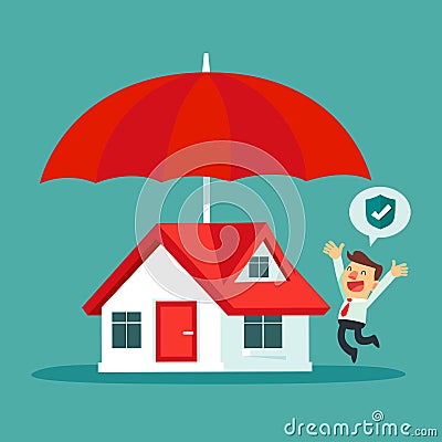 businessman and his house protected under big umbrella Vector Illustration