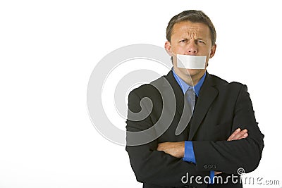 Businessman With His Mouth Taped Shut Stock Photo