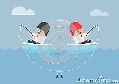 Businessman and his rival having trouble with fishing rod Vector Illustration