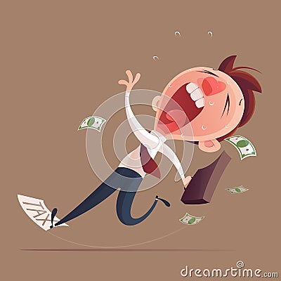 Businessman hold bag slipping on a tax document Cartoon Illustration