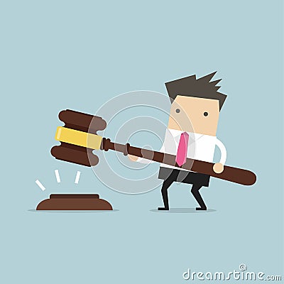 Businessman hold a big gavel in hands for justice. Vector Illustration