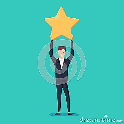 Businessman hold a big gold star. Victory, rating. Vector, illustration, flat. Cartoon Illustration