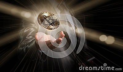 Businessman hold bitcoin, crypto currency conceptual, new genera Stock Photo