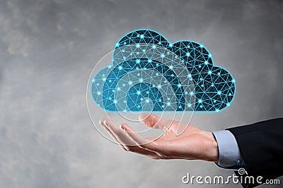 Businessman hold cloud icon.Cloud computing concept - connect smart phone to cloud. computing network information technologist Stock Photo
