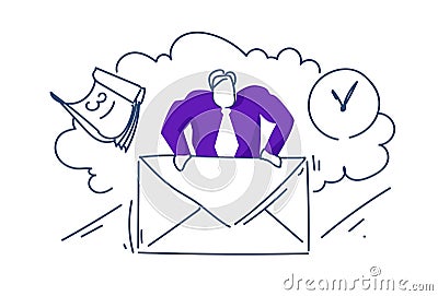 Businessman hold envelope chat message concept mail calendar clock communication man colored silhouette sketch doodle Vector Illustration