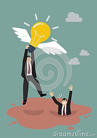 Businessman hold flying lightbulb get away from quicksand Vector Illustration