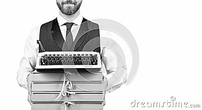 businessman hold folder heap. modern business. copy space. cropped man preparing project. Stock Photo