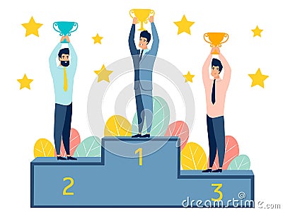 Businessman hold the gold trophy successful winner. business concept. In minimalist style. Cartoon flat raster Stock Photo