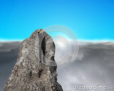 Businessman holdig on top of rocky mountain with sunrise Stock Photo