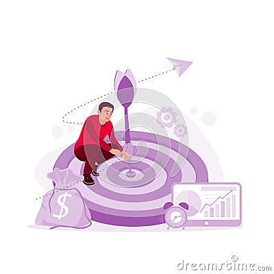 Businessman holding an arrow hitting center of the target of the dartboard. Concept of business success. Vector Illustration