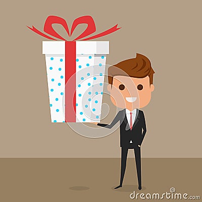 Businessman holding big gift box with ribbon. Discount, sales Vector Illustration