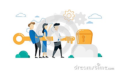 Businessman holding big key to open treasure. Teamwork and success concept design. Vector Illustration