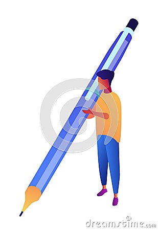 Businessman holding big pen and writing isometric 3D illustration. Vector Illustration