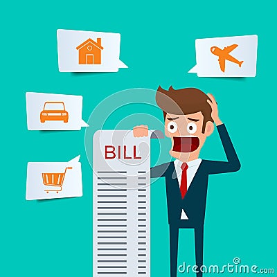 Businessman holding bills feels headache and worried about paying a lot of bills. Businessman no money. debt concept Vector Illustration