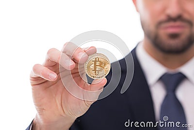 Businessman holding bitcoin isolated closeup Stock Photo