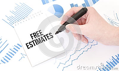 Businessman holding a black marker, notepad with text FREE ESTIMATES,business concept Stock Photo