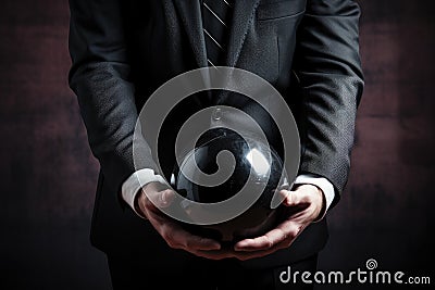 Businessman holding a black weight ball. Unpaid debts. Obligations under the terms of the contract. Guilt and psychological Stock Photo