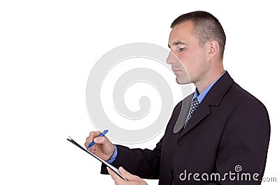 Businessman holding clipboard Stock Photo