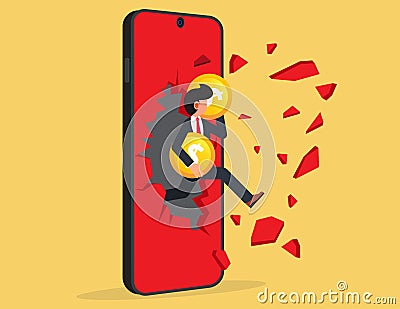 Businessman holding coin and jumping off the mobile phone screen.digital online business concep Vector Illustration