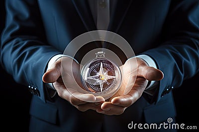 Businessman holding a compass in his hands. Close up view, Close up of businessman hand holding compass. Digital business concept Stock Photo