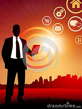 Businessman holding computer laptop on sunset Vector Illustration