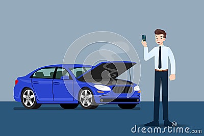 Businessman holding a credit card and waiting for insurance when his car was broken Vector Illustration