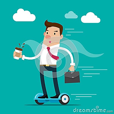 Businessman holding a cup of coffee and briefcase going to work by hoverboard. Isolated vector illustration. Vector Illustration