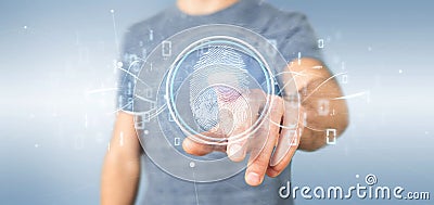 Businessman holding a Digital fingerprint identification and binary code 3d rendering Stock Photo