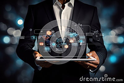 Businessman holding digital tablet with global technology concept. 3D rendering, Businessman using a tablet computer with business Stock Photo
